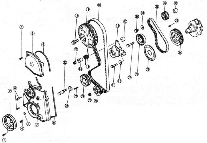 7.8b. Зубчатый ремень и связанные элементы двигателей 1,8л Turbo, 2,0 л и 2,4 л-подетальный вид. 1.…