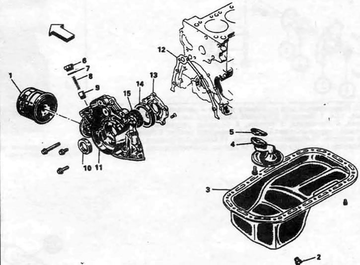 14.6а. Подетальный вид масляного насоса и связанных элементов - двигатель 1,5 л.  1. Масляный…