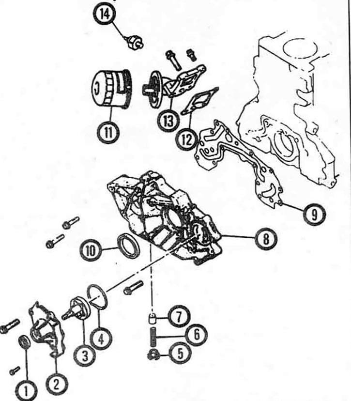 14.6b. Подетальный вид масляного насоса и связанных элементов - двигатель 1,6 л. 1. Манжета, 2.…