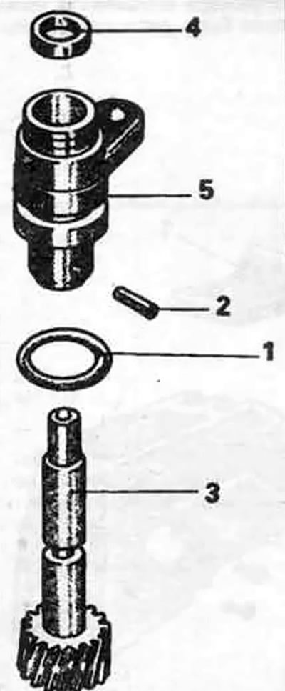 3.11. Детали узла шестерни привода спидометра. 1. Кольцевое уплотнение, 2. Пружинный штифт, 3.…