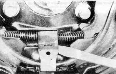 6.4с. Снимите зажим пружины с доски крепления в нижней части тормозных колодок