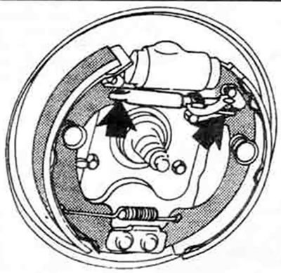 6.17. Убедитесь в том, что выступы на концах регулятора (или распорки) вошли в прорези на колодках