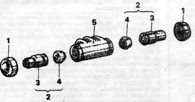 7.7. Подетальный вид тормозного цилиндра (типичного). 1. Чехол, 2. Узел поршня, 3. Поршень, 4.…