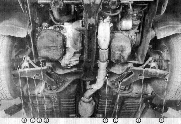 1.1а. Вид компонентов передней подвески и рулевого управления из-под автомобиля (показана модель…