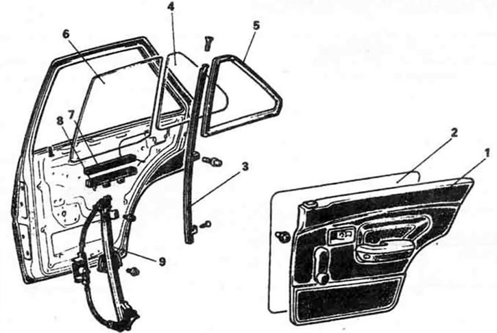 16.1с. Типовые детали стекла задней двери поздних моделей. 1. Декоративная панель, 2. Кожух…
