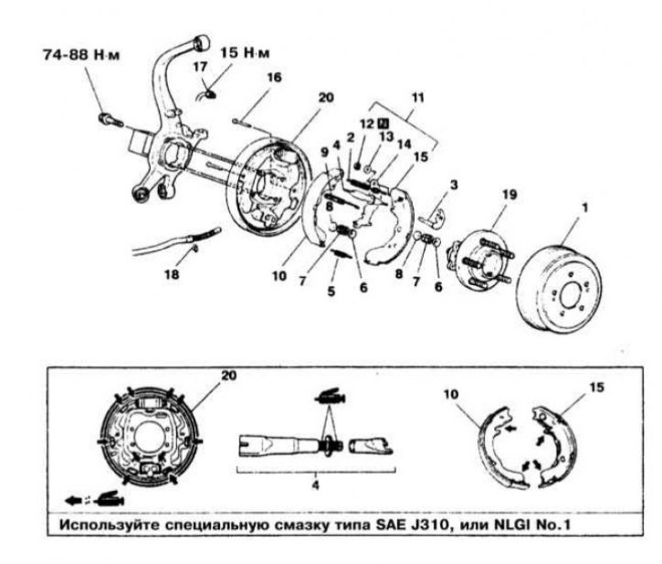 Конструкция барабанного тормозного механизма, используемого на моделях Galant и Mirage с 1993 г.…