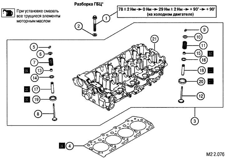Элементы клапанного механизма ГБЦ: 1. Винты крепления ГБЦ; 2. Шайба; 3. ГБЦ в сборе; 4. Прокладка…
