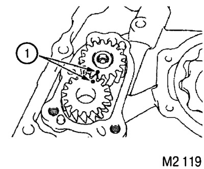 1. При установке шестерен в корпус смажьте их моторным маслом и установите, совместив метки (1).