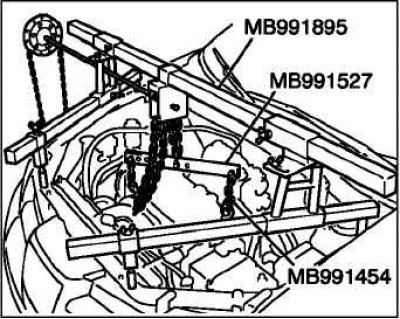Поддерживая двигатель с помощью домкрата, отсоедините таль.